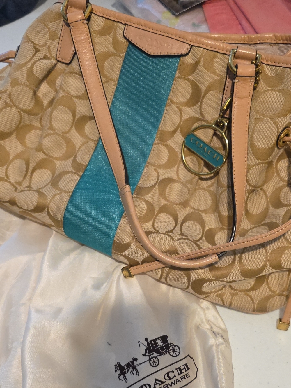 Coach Tan Signature Canvas Tote with Teal Center Stripe - Picture 14 of 16
